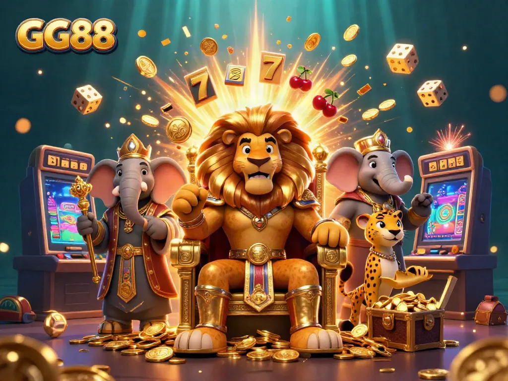 Engage with GG88's vibrant gaming scene featuring a lion king and exciting jackpot elements.