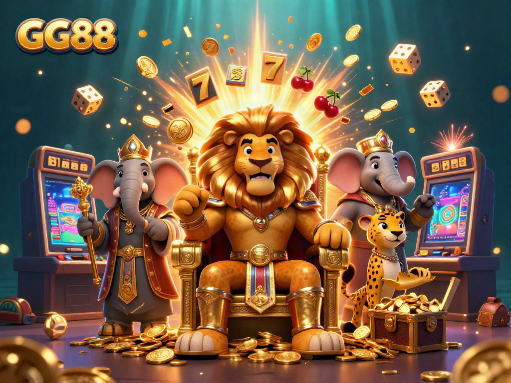 Engage with GG88's vibrant gaming scene featuring a lion king and exciting jackpot elements.