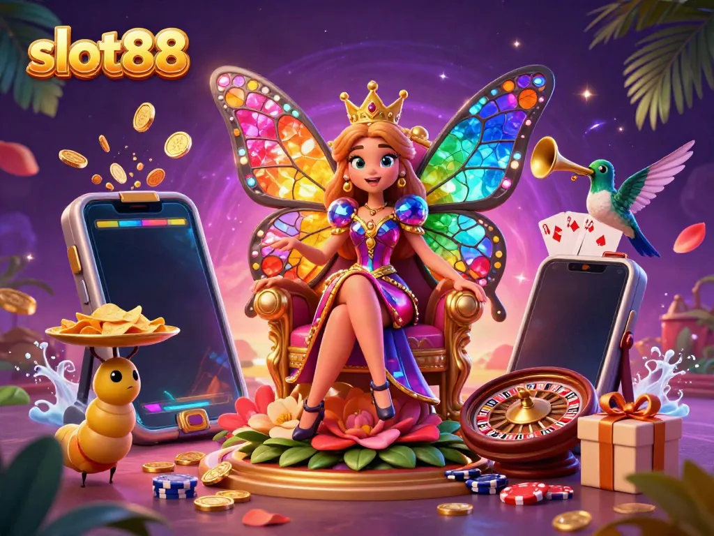 Win big with slot88 in this vibrant casino scene featuring a butterfly queen and slot game action.