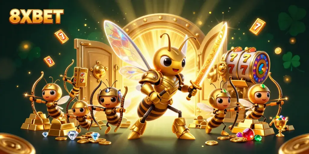 Engage with thrilling gameplay at 8XBET, featuring a dynamic scene with a golden hornet samurai and vibrant slot reels.