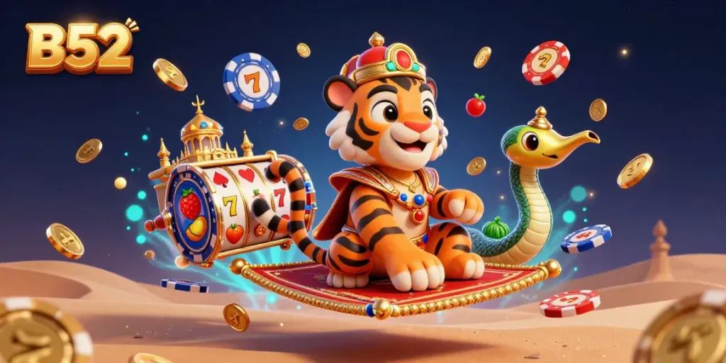 Engage with B52 in a vibrant casino scene featuring a tiger sultan on a poker chip carpet amid slot machines and shimmering coins.