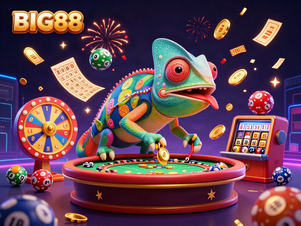 Experience unmatched casino excitement at BIG88 with dynamic gambling elements and colorful illustrations.