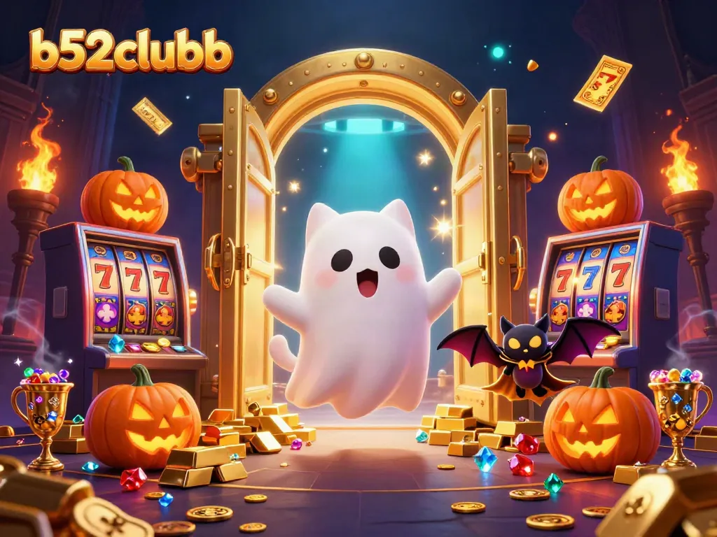 Engage with b52clubb's vibrant ghost cat illustration highlighting casino treasures and jackpots.