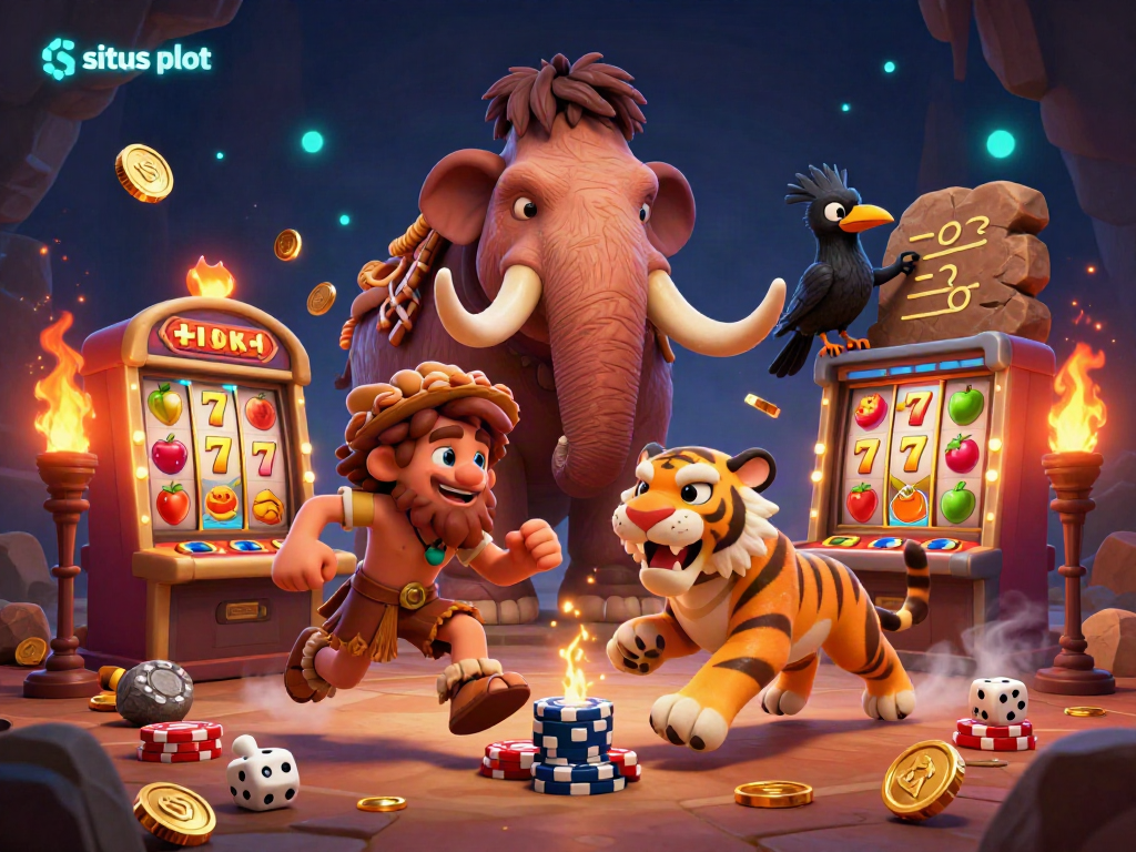 Catch winning spins on situs slot with a 3D casino scene featuring cavemen and dynamic elements.