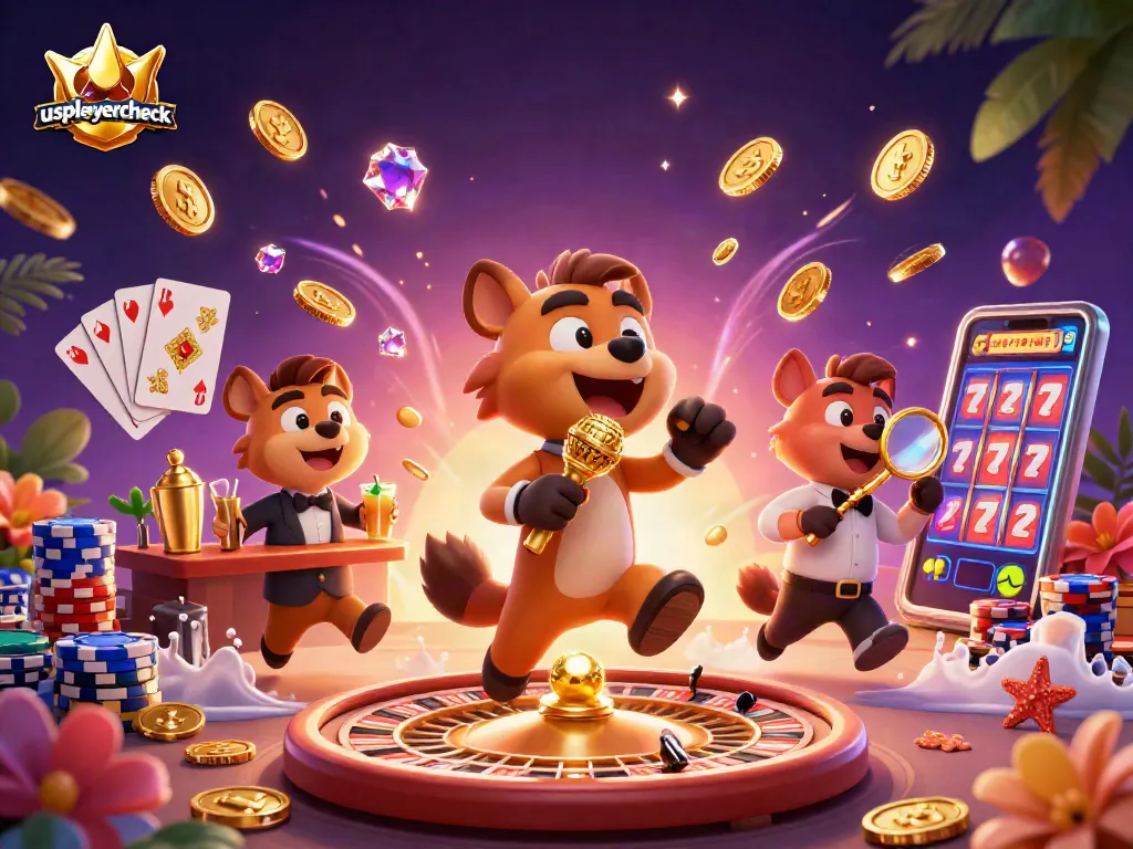 Experience high-energy gaming at usplayercheck with hyena comedians, golden coins, and vibrant casino elements.
