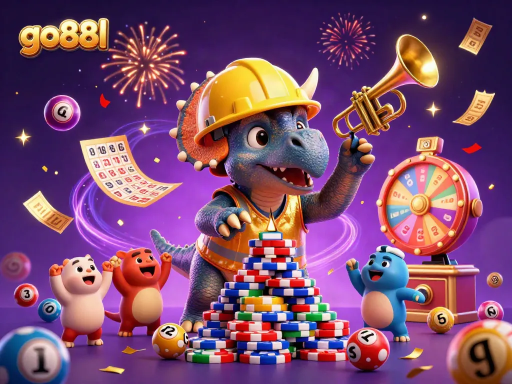 Go88l characters build poker chip pyramids while celebrating amidst colorful lottery balls.