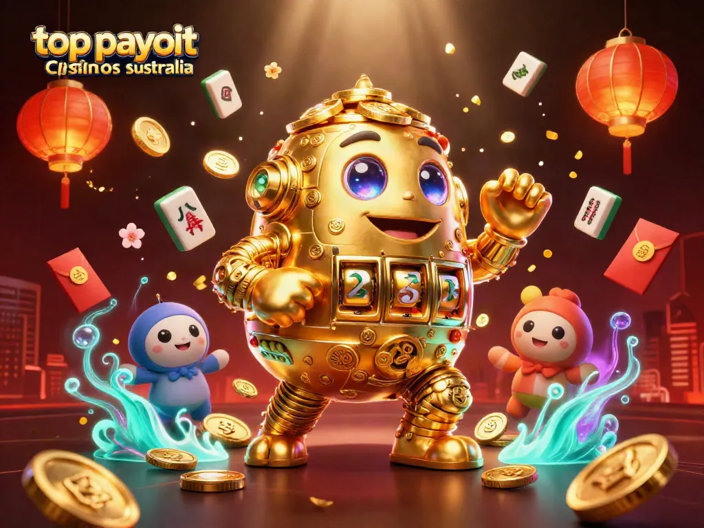 Experience the excitement of top payout casinos Australia with a dynamic 3D illustration of a golden golem and vibrant casino elements.
