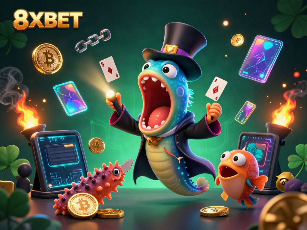 Experience the thrilling magic of 8XBET with unique sea creatures performing captivating tricks and showcasing vibrant 3D crypto elements.
