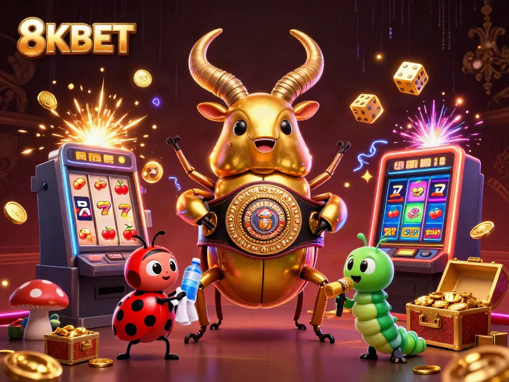 Engage in exciting 8KBET action with cartoon characters at a vibrant casino scene