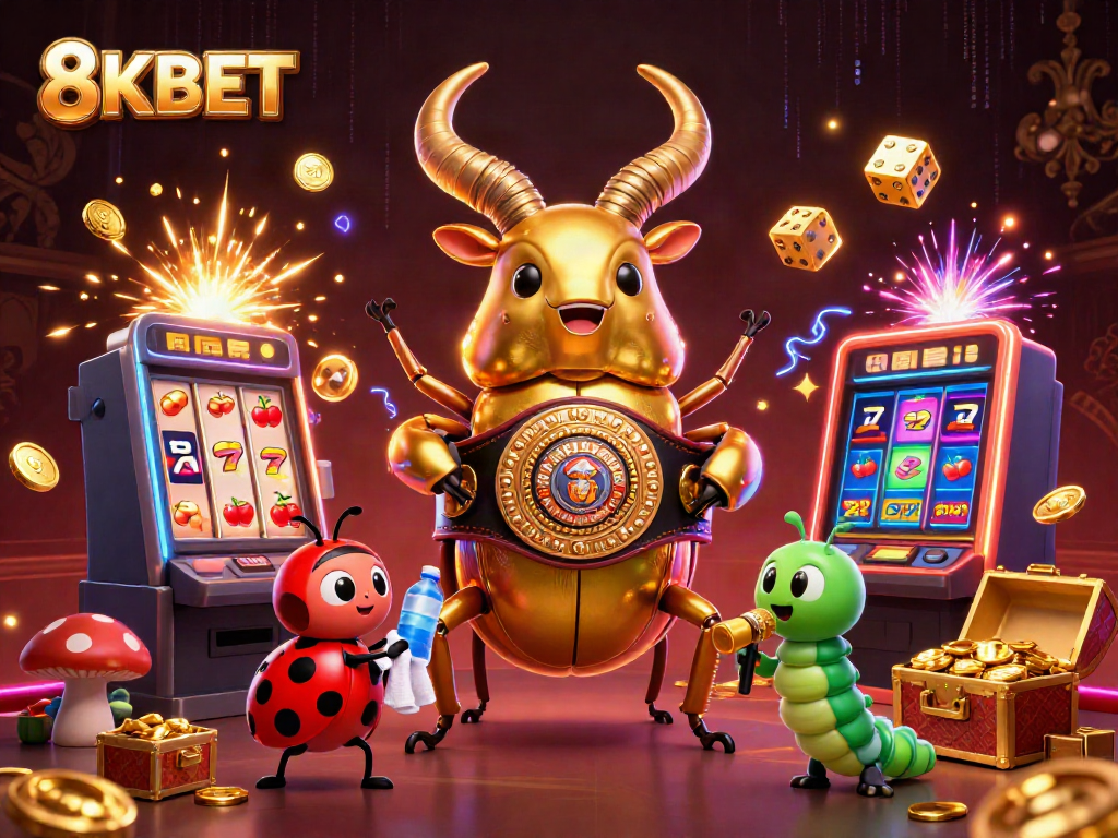 Engage in exciting 8KBET action with cartoon characters at a vibrant casino scene